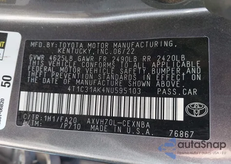 2022 Toyota Camry Le Hybrid z USA, uszkodzony, nr VIN 4T1C31AK4NU595103